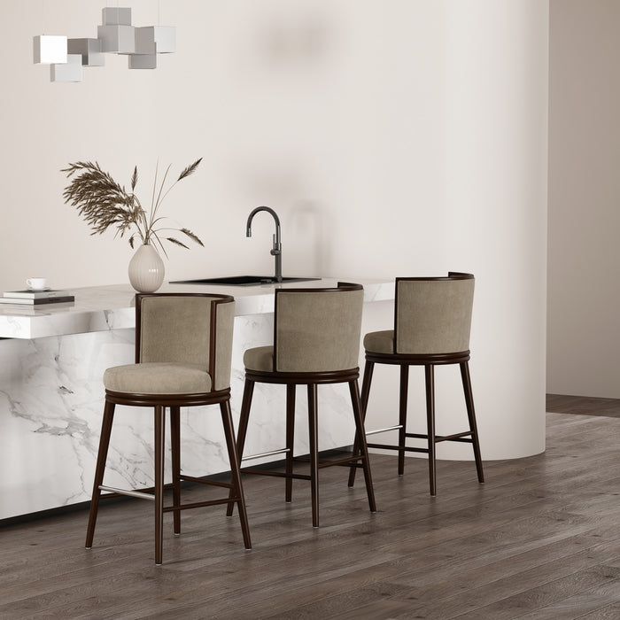 Tabouret de bar moderne en bois et tissu Evalyn, naturel - Lot de 3