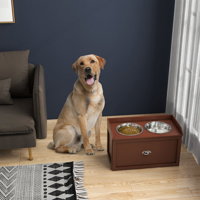 Pawhut Gamelles Surelevees Pour Chiens De Grande Taille, Station D'alimentation Surelevee Avec 2 Gamelles En Acier Inoxydable, Tiroir De Rangement Cache, Marron