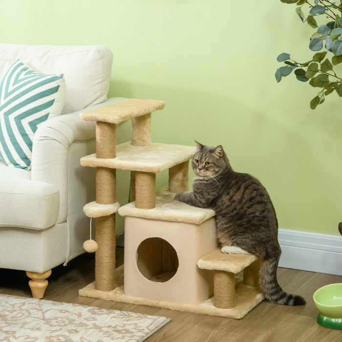 Pawhut Escaliers Pour Chats Avec Poteaux A Gratter Sisal Hauteur Reglable, Arbre A Chat Confortable, Marches Pour Animaux Pour Canape Et Lit Haut Avec Balle Suspendue