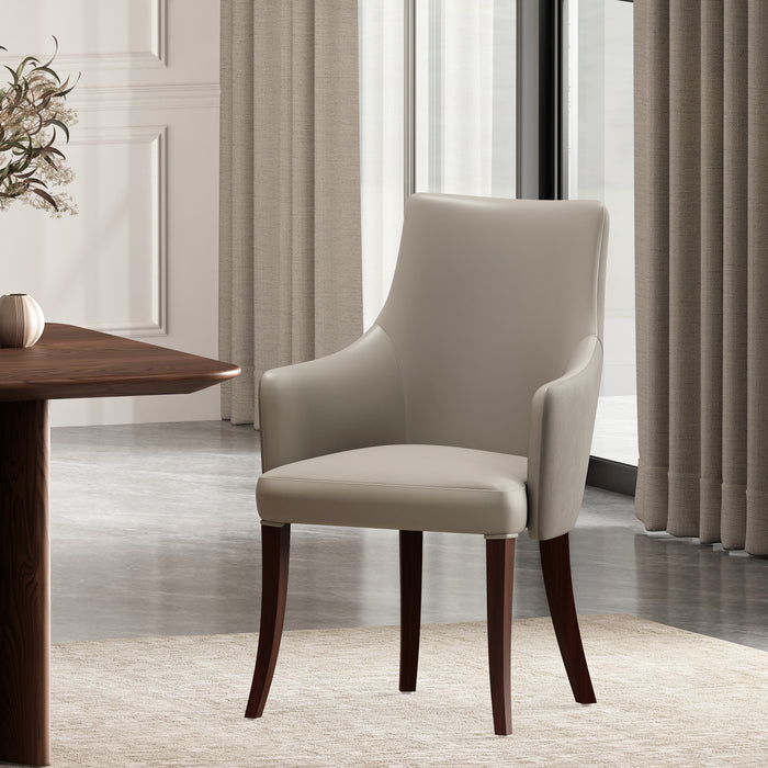 Fauteuil moderne Connie en bois, cuir vegetalien et velours, gris clair