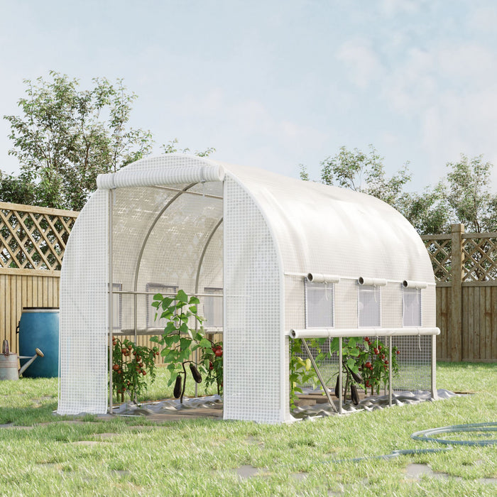 Outsunny 10' X 6.6' X 6.6' Serre De Jardin Tunnel Portes Zippees Deroulantes Fenetres Enroulables Avec Moustiquaires Blanc