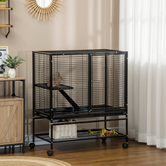 Pawhut Parc Pour Animaux De Compagnie A Deux Niveaux Pour Furets Chinchillas Cochons D'inde Avec Roues Rampe De Plate-forme De Plateau Amovible, 36\" x 20\" X 42\"