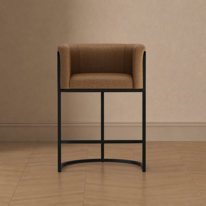 Tabouret de comptoir moderne du milieu du siecle en metal et tissu, finition chataigne