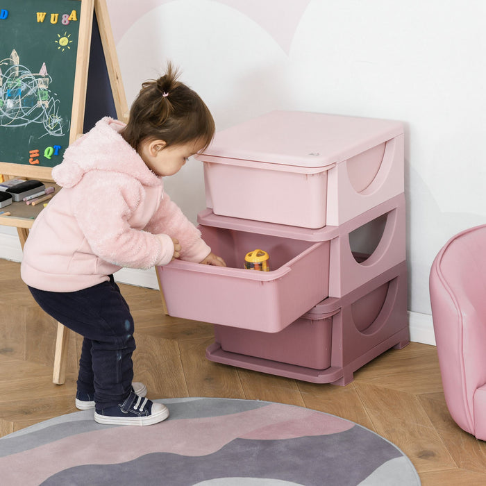 Qaba Unite De Rangement Pour Enfants A 3 Niveaux, Coffre A 3 Tiroirs, Organisateur De Jouets, Bacs En Plastique Pour Chambre, Creche, Jardin D'enfants,pour Garcon, Fille, Rose