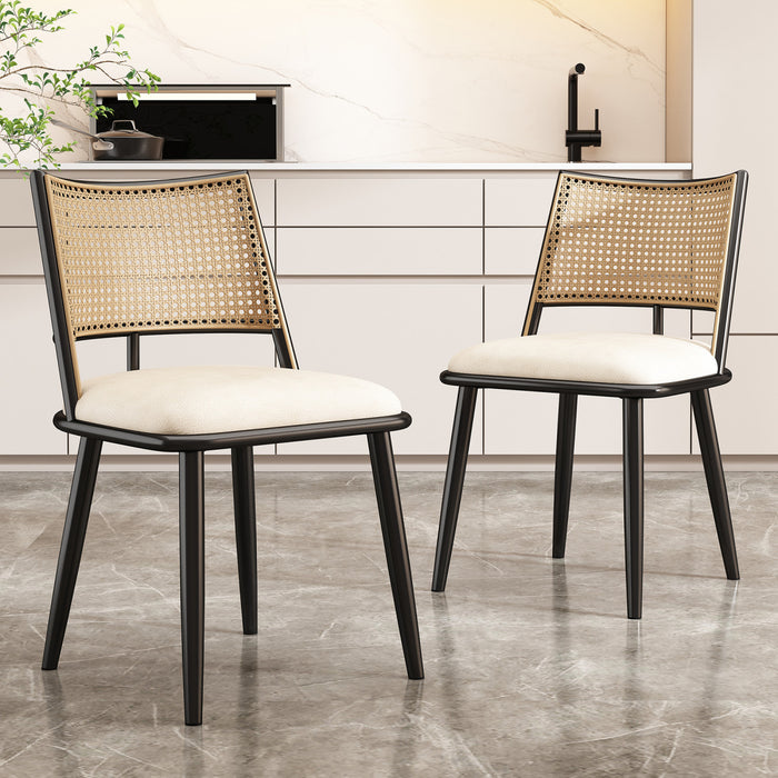 Chaises de salle a manger modernes Oliver avec assise rembourree en PU et dossier en rotin PE, lot de 2, noir