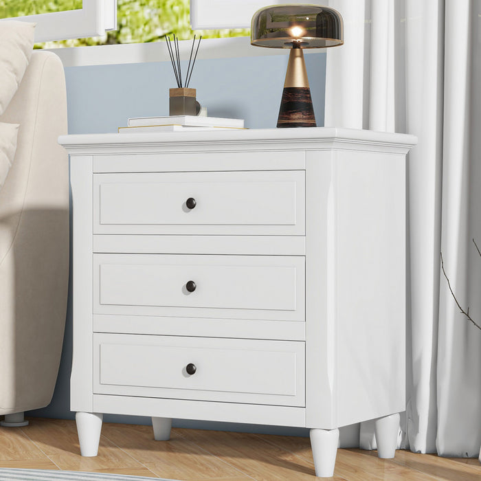 U_Style Table de Nuit Peinte 28 po avec 3 Tiroirs a Glissiere Douce et Pieds en Bois de Caoutchouc, Blanc