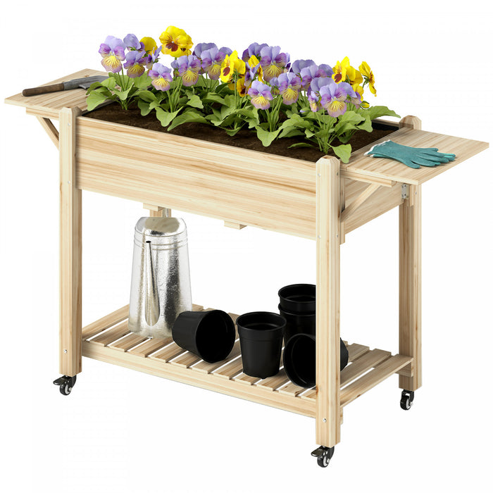 Outsunny Lit de jardin sureleve, jardiniere en bois avec etagere, naturel