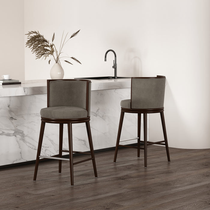 Tabouret de bar moderne en bois et tissu Evalyn, coloris colombe - Lot de 2