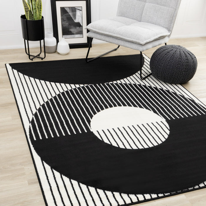 Florence rayures noires et blanches et cercles creux, design moderne, 7'6\" x 9'6\"
