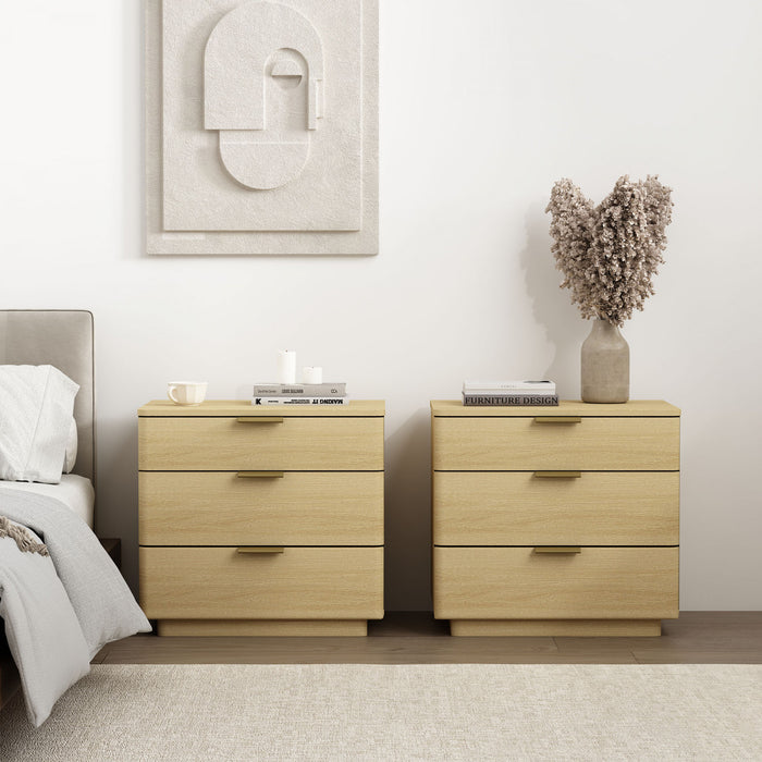 Table de nuit moderne Payton 66 cm en chene naturel (3 tiroirs) – Lot de 2