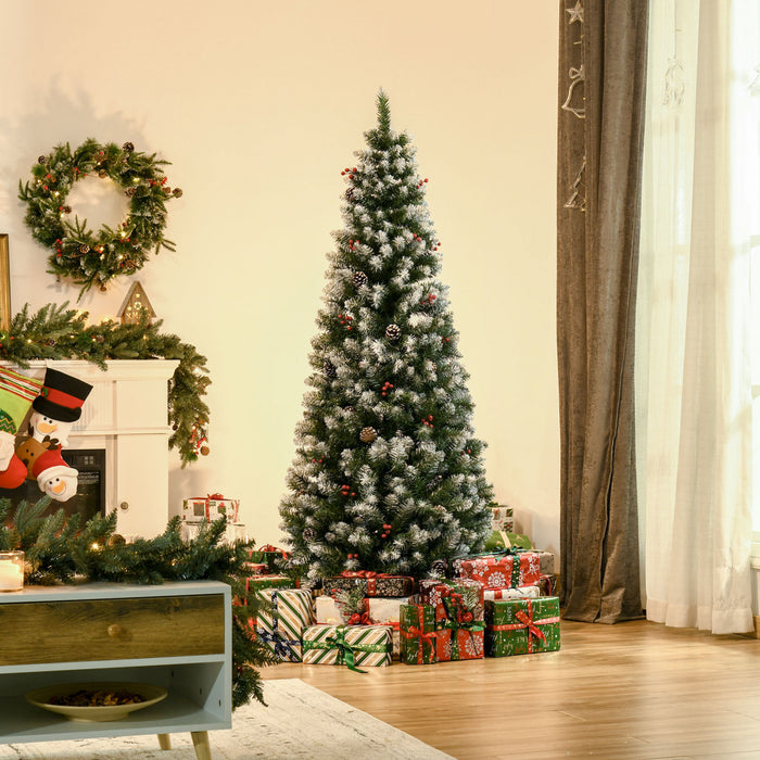 Homcom Sapin De Noel Floque Avec Baies Rouges, Pommes De Pin, Vert