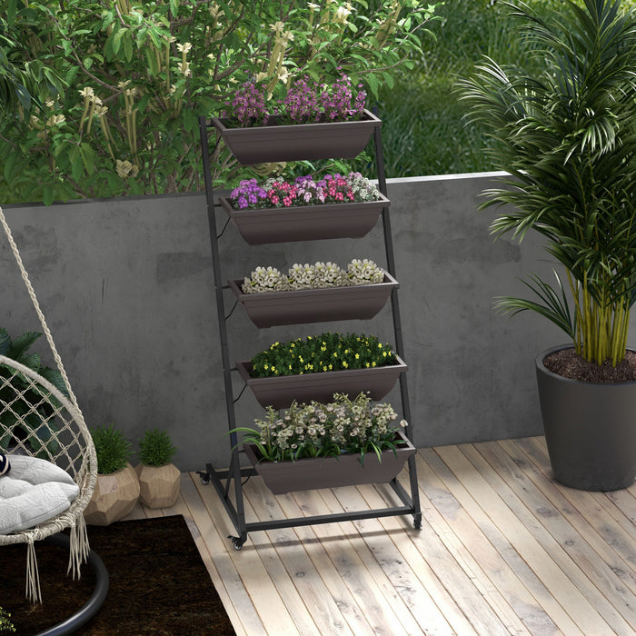 Outsunny Lit De Jardin Sureleve Vertical De 5 Niveaux Avec 5 Boites De Jardiniere, Roues, Support De Plante Exterieur Cultivent Le Conteneur Avec Des Trous De Fuite Pour Patio De Balcon, Brun
