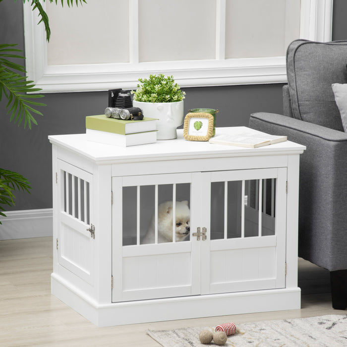 Pawhut Meuble De Cage Pour Chien, 31\", Table D'appoint Laterale Avec Trois Portes, Cage D'interieur Pour Petits Chiens, Blanc