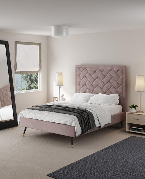 Lit double moderne Crosby en velours capitonne, coloris rose blush