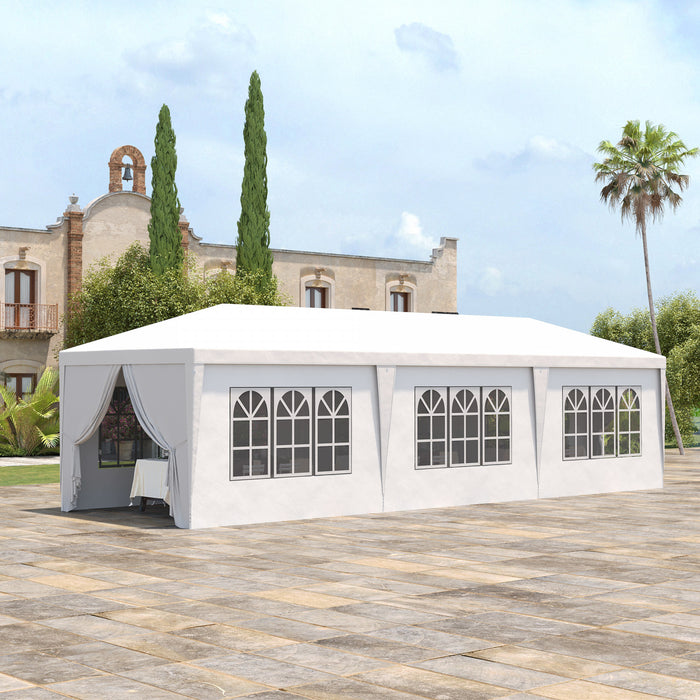 Outsunny Tente De Tonnelle De Fete 10' X 28', Tente De Mariage Pliante Portable, Abri D'evenement De Jardin, Parasol Exterieur Avec 8 Parois Laterales Amovibles, Blanc
