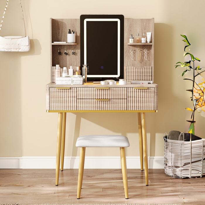 Isabella Ensemble de coiffeuse 4 tiroirs avec miroir LED et pieds en metal, Brun Jaune