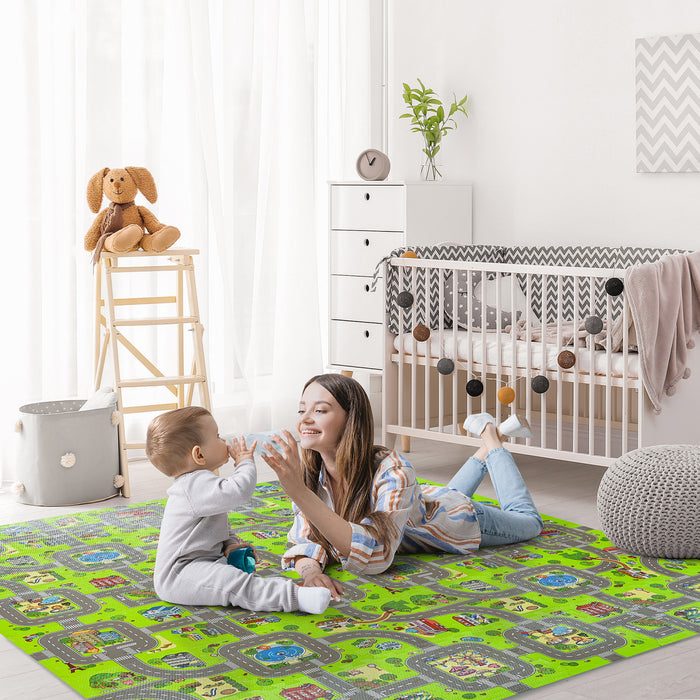 Qaba Tapis De Jeu En Mousse Pour Enfants 36 Pieces Avec 24 Tapis Lateraux Anti-derapant Apprentissage Rampant Avec Motif De Terrain De Jeu De Bordure D'extremite 35 Pieds Carres Eva