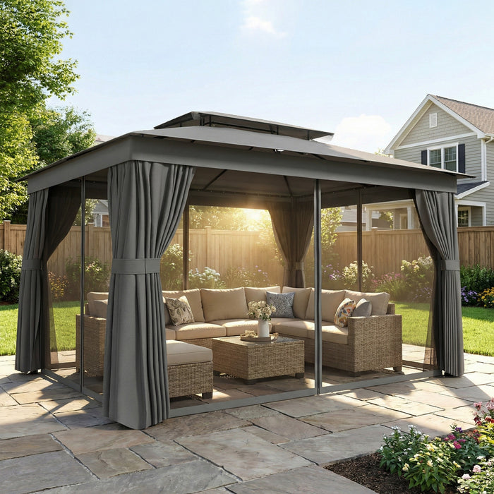 Outsunny Pavillon de Jardin Exterieur 3 x 3,8 m avec Rideaux, Moustiquaire et Double Toit