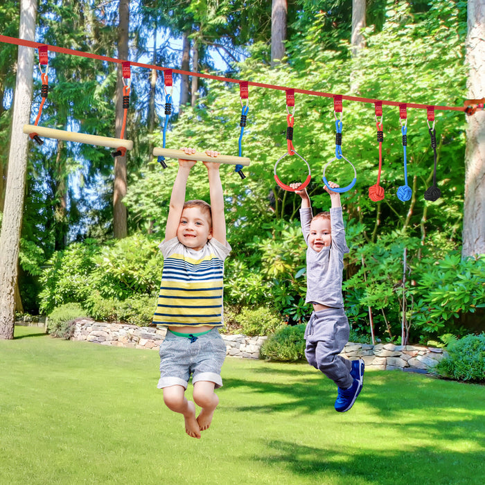 Outsunny Ensemble Ninja Slackline, 30 Pieces, Corde de 10m avec Obstacles, Structure d'Escalade Exterieure, Equipement d'Entrainement pour Enfants de 3 a 6 Ans, Anneaux de Gymnastique, Cordes