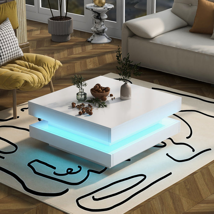 Ryan table basse pivotante – table basse avec eclairage LED et plateau rotatif a 360°, blanc