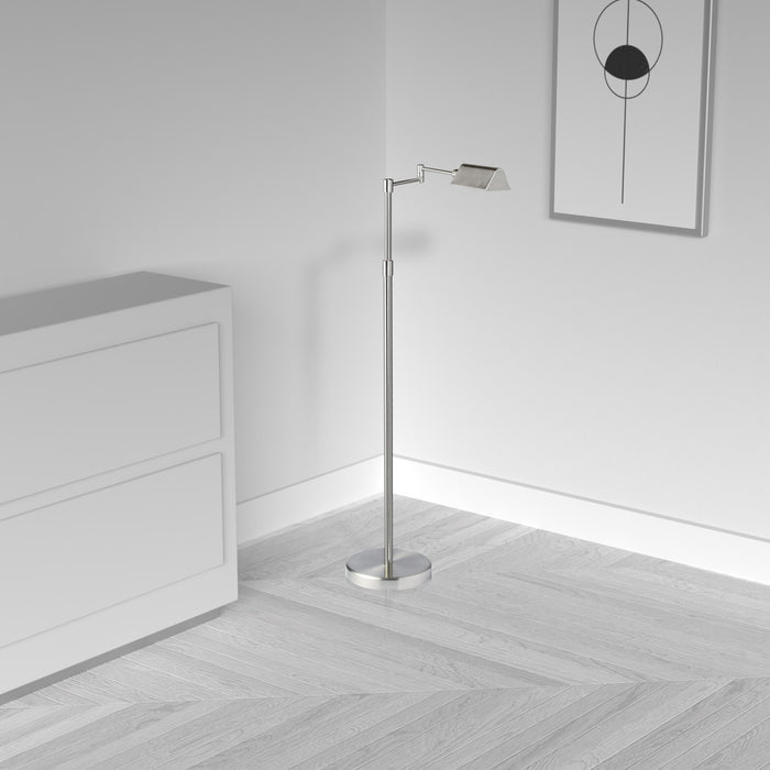 Lampe à pied de Dainolite à bras articulé, avec fini nickel satiné et ampoule à DEL de 9 W