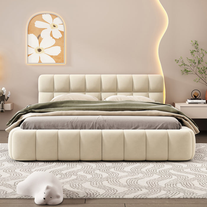 Lit plateforme rembourre Jessica avec tissu en lin confortable et cadre robuste, taille Queen, beige
