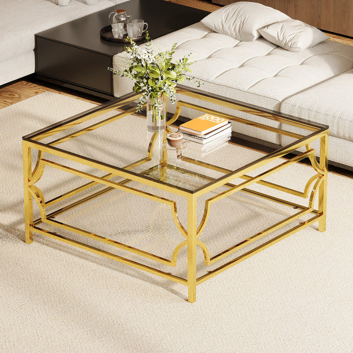 Gleam Table Basse Carree en Verre Trempe 33.5 po avec Cadre Geometrique Dore et Etagere Inferieure, Transparent