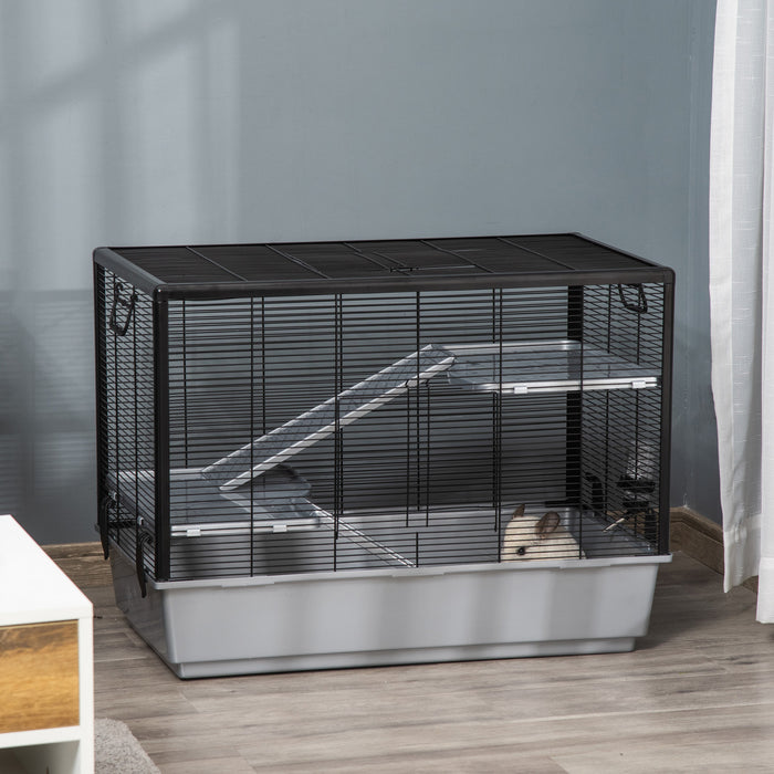 Pawhut Cage Petit Animal Habitat Interieur Cage Pour Cochons D'inde Hamsters Chinchillas, Avec Accessoires Bouteille D'eau Balcon Rampe Plat De Nourriture, 31.5\"x19\"x 22.75\", Gris