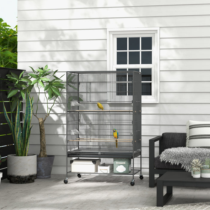 Pawhut Cage A Oiseaux 60\" Avec Support Pour Calopsittes Canaris Inseparables Pinsons, Cage A Perruches Avec Roues, Plateau Amovible, Etagere De Rangement