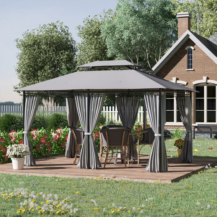 Outsunny Tonnelle De Patio De 10' X 13', Auvent De Jardin Exterieur A 2 Niveaux, Abri Pare-soleil Avec Rideaux, Gris Fonce