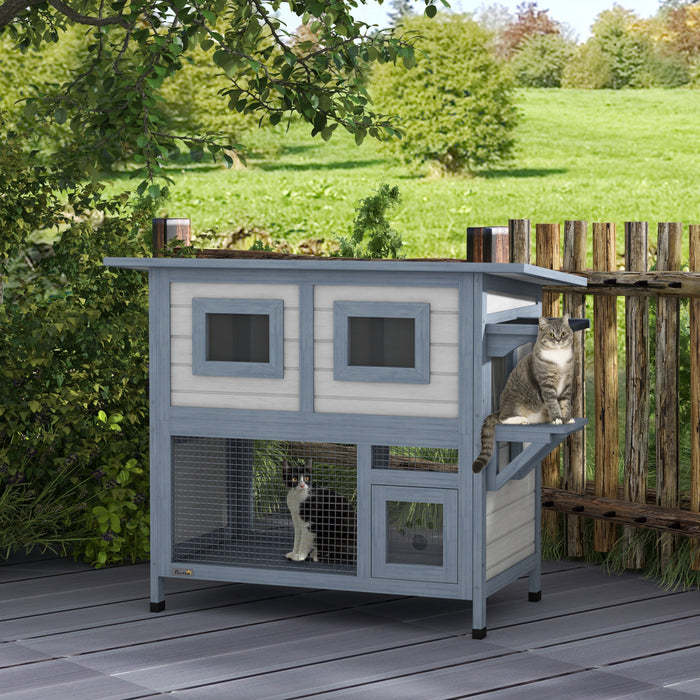 Pawhut Niche D'exterieur Pour Chat, Abri En Bois A 2 Niveaux Avec Porte, Toit Resistant Aux Intemperies, Plateforme De Saut, Fenetres D'observation, Pour 1 A 2 Chats, Utilisation Exterieur, Gris Clair