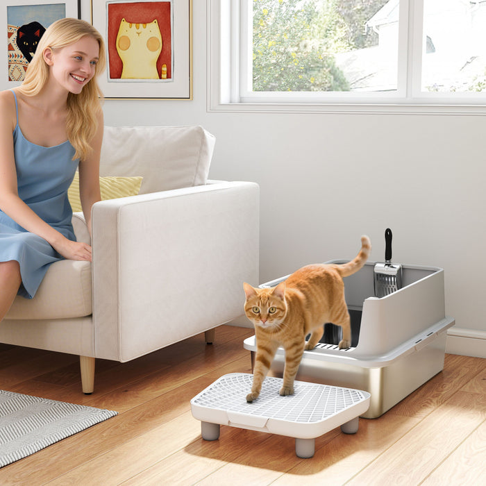 PawHut Bac a litiere en acier inoxydable XL avec cote haut, pelle