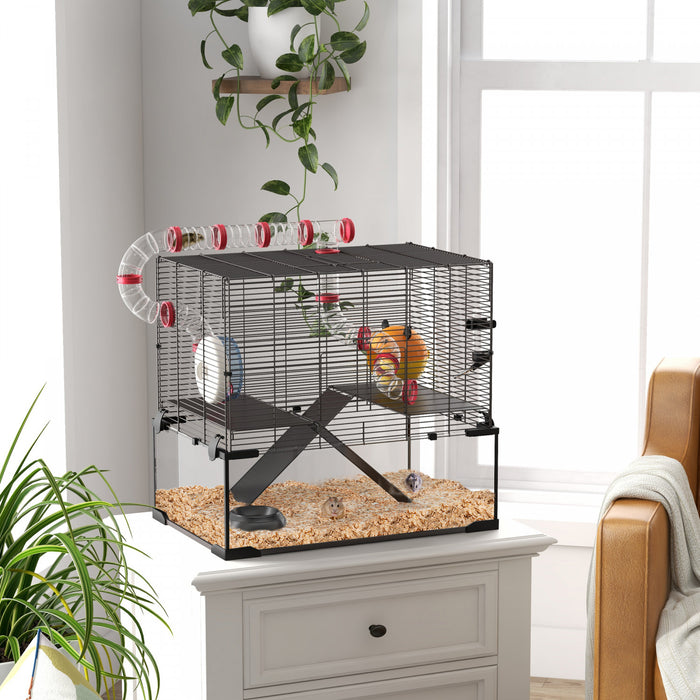 Pawhut Cage Pour Hamster, Maison Pour Petits Animaux Avec Fond En Verre Profond, Systeme De Tunnel, Rampes, Plates-formes, Cabane, Roue D'exercice, Bouteille D'eau, 24\" X 16\" X 22\"