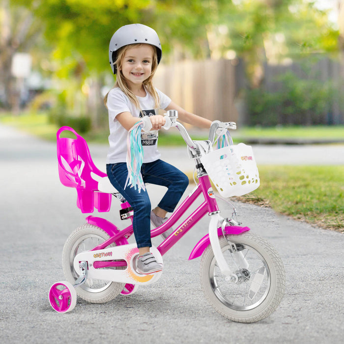 Costway 12 Pouces Enfants Velo Avec Roues D'entrainement Poupee Siege Panier Streamers Frein A Main Rose