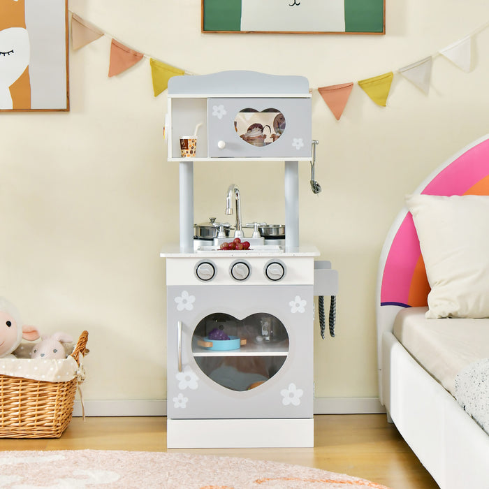 Jeu De Cuisine Pour Enfants Double-face, Ensemble De Jeu De Role 2-en-1 Avec Accessoires, Cuisiniere Et Evier, Distributeur De Glace, Jeu De Cuisine En Bois Pour Role-play, Pour Garcons Et Filles De 3 Ans Et Plus, Blanc