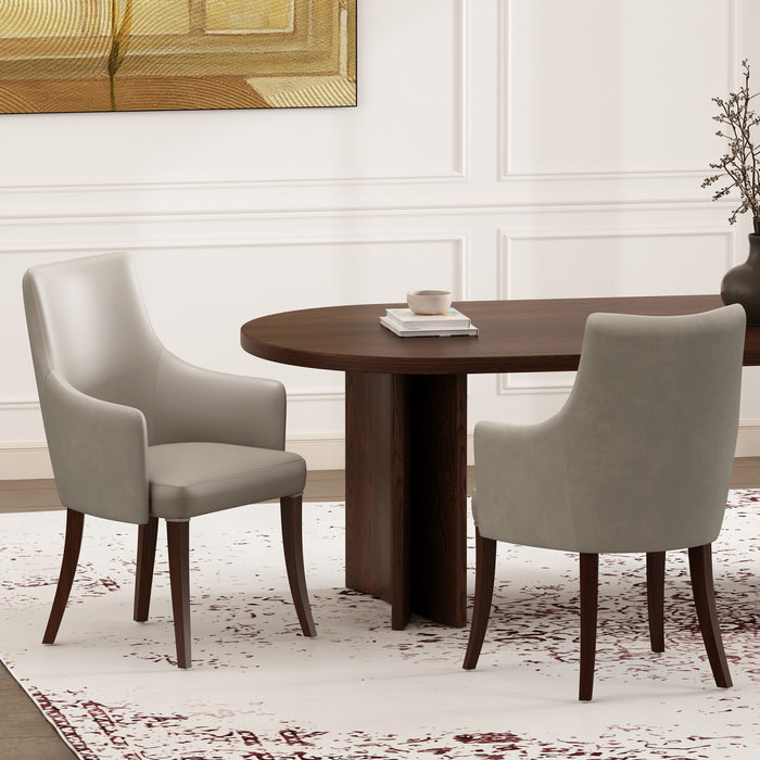 Fauteuil moderne Connie en cuir vegetalien et velours avec accoudoirs en bois, gris clair - Lot de 2