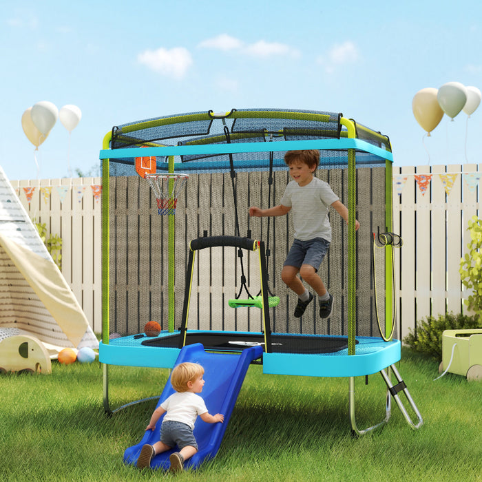 Qaba Trampoline pour Enfants 70\" x 47\", Trampoline d'Interieur et Exterieur avec Toboggan, Balancoire, Panier de Basket, Echelle et Filet de Securite, Bleu Clair