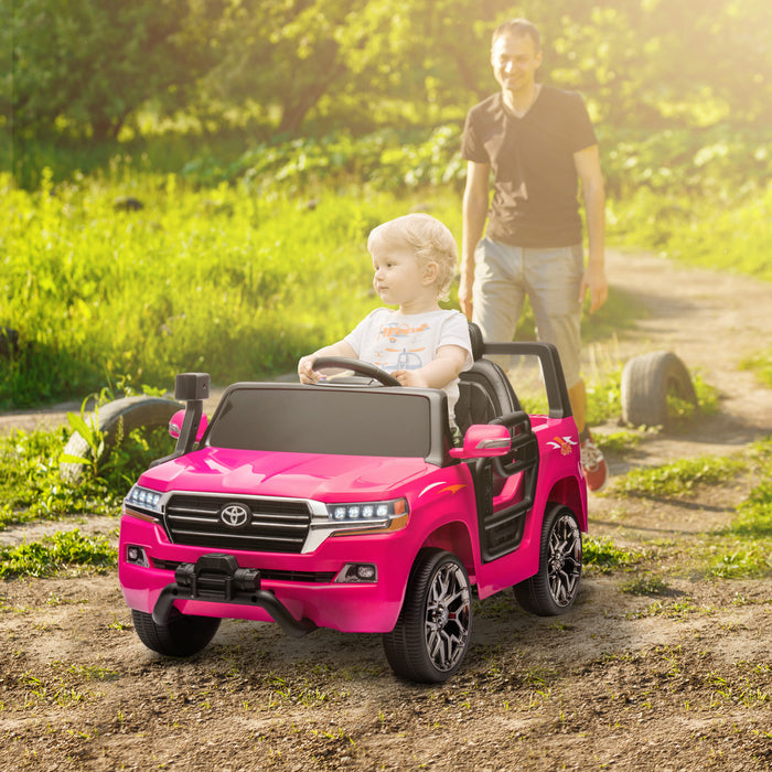 Qaba Voiture Electrique 12 V Pour Enfants, Voiture Pour Enfants Sous Licence Toyota Land Cruiser Avec Telecommande, Suspension A Ressorts, Lumiere Led, Musique, Klaxon, Rose
