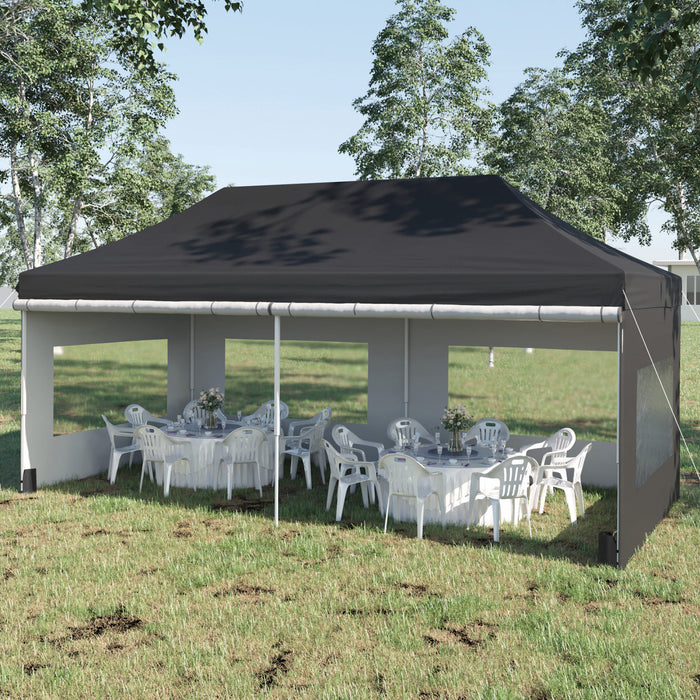 Outsunny 20' X 10' Tonnelle Gazebo Pliable Abri Tente Instantanee Avec Parois Laterales Amovibles, 4 Fenetres, 4 Sacs De Poids De Sable Et Sac De Transport, Noir