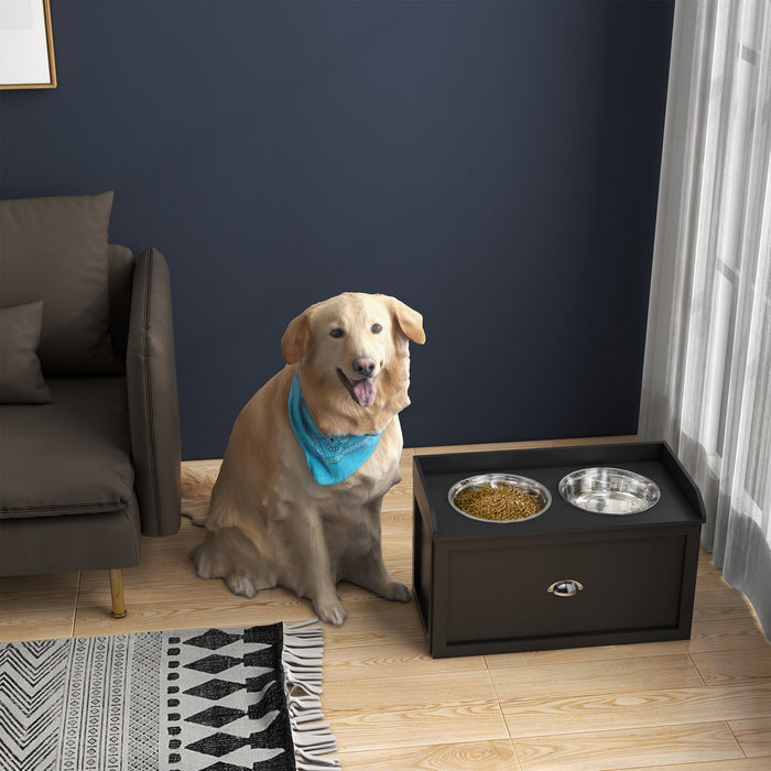 Pawhut Gamelles Surelevees Pour Grands Chiens, Station D'alimentation Surelevee Pour Animaux Avec 2 Gamelles En Acier Inoxydable, Tiroir De Rangement Cache, Noir