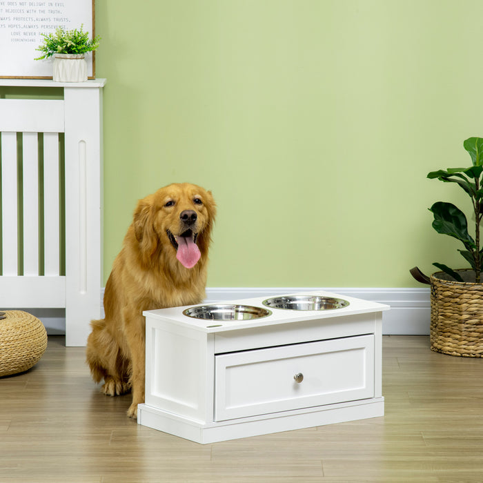 Pawhut Grandes Gamelles Surelevees Pour Chien Avec Tiroir De Rangement D'une Capacite De 11 L, Support De Gamelle Sureleve Pour Animal Domestique, Station D'alimentation Pour Chien, Blanc