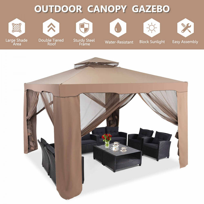 Tonnelle Pavillon De Jardin En Fer Et Polyester, Tente De Reception Avec Moustiquaire Et Toiles Laterales Amovibles Et Impermeables, Tente De Jardin A 4 Cotes 300 X 300 X 200/265 Cm, Beige&brun
