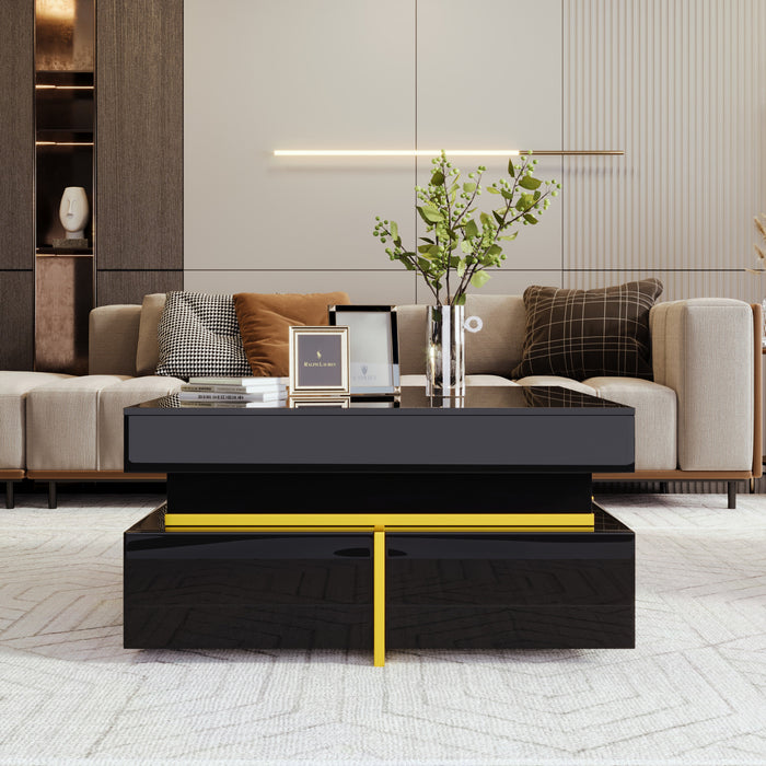Ava Table Basse a Fini Haute Brillance avec Tiroirs de Rangement et Accents Dores, Noir