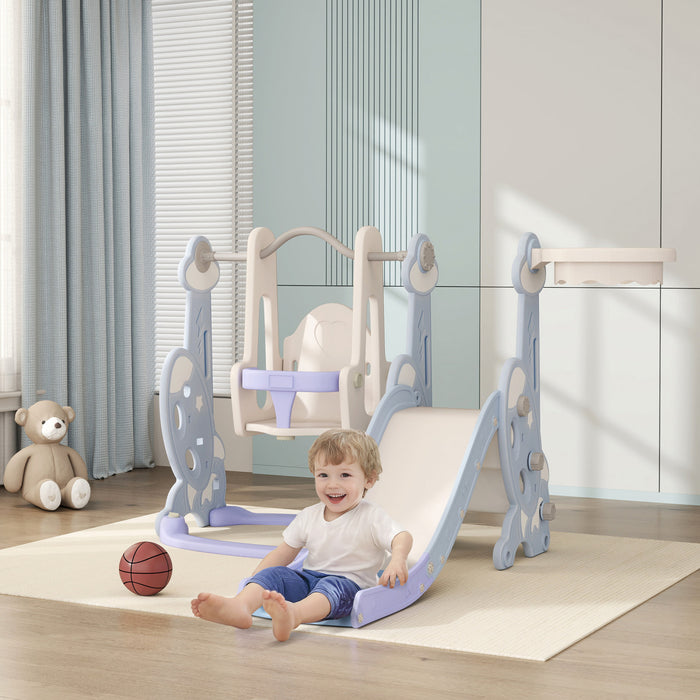 Qaba Ensemble toboggan et balancoire 4 en 1 avec panier de basket-ball, grimpeur, balancoire pour bebe, aire de jeux interieure pour garcons et filles, theme fusee, bleu clair