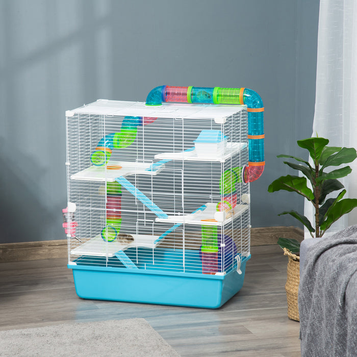 Pawhut Grande Cage Pour Hamster De 58,4 Cm, Maison Pour Petits Animaux, Refuge Pour Gerbilles A 5 Niveaux, Systeme De Tube Tunnel, Avec Bouteille D'eau, Roue D'exercice, Plat De Nourriture, Rampes