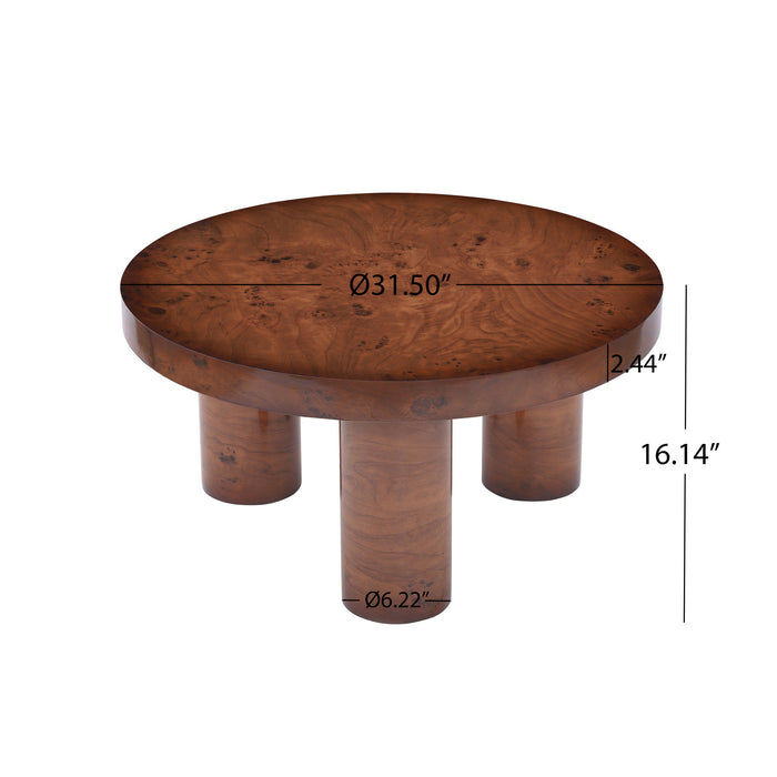 Table basse ronde moderne Lira 31,5 pouces placage bois a trois pieds cylindriques, brun