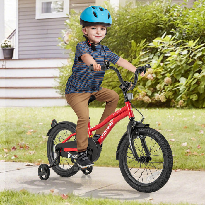 Velo Costway 16\" Pour Enfants Pour Garcons Et Filles De 4 A 7 Ans Avec Reflecteurs Reglables De Frein A Main De Siege Rouge