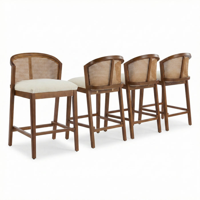 Tatti – Lot de 4 tabourets de comptoir en bois d’hevea avec dossier en cannage, finition noyer