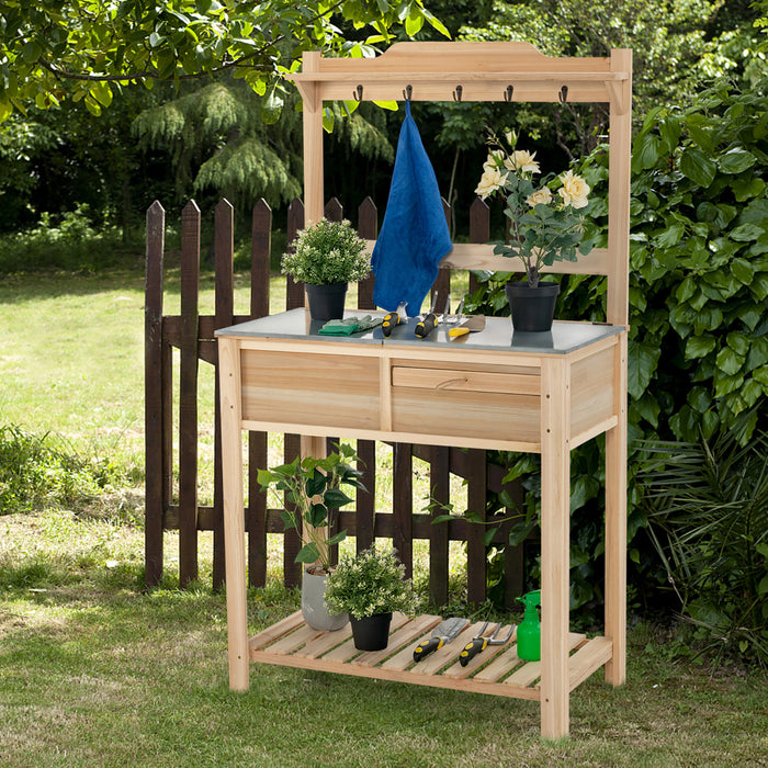 Station De Travail En Bois De Table En Bois De Jardin En Plein Air Costway W/metal Top Open Shelf
