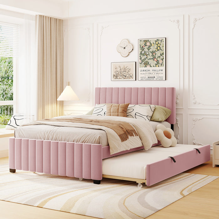 Lit plateforme Ethan rembourre en velours, gain de place, avec tiroir gigogne, taille full, rose